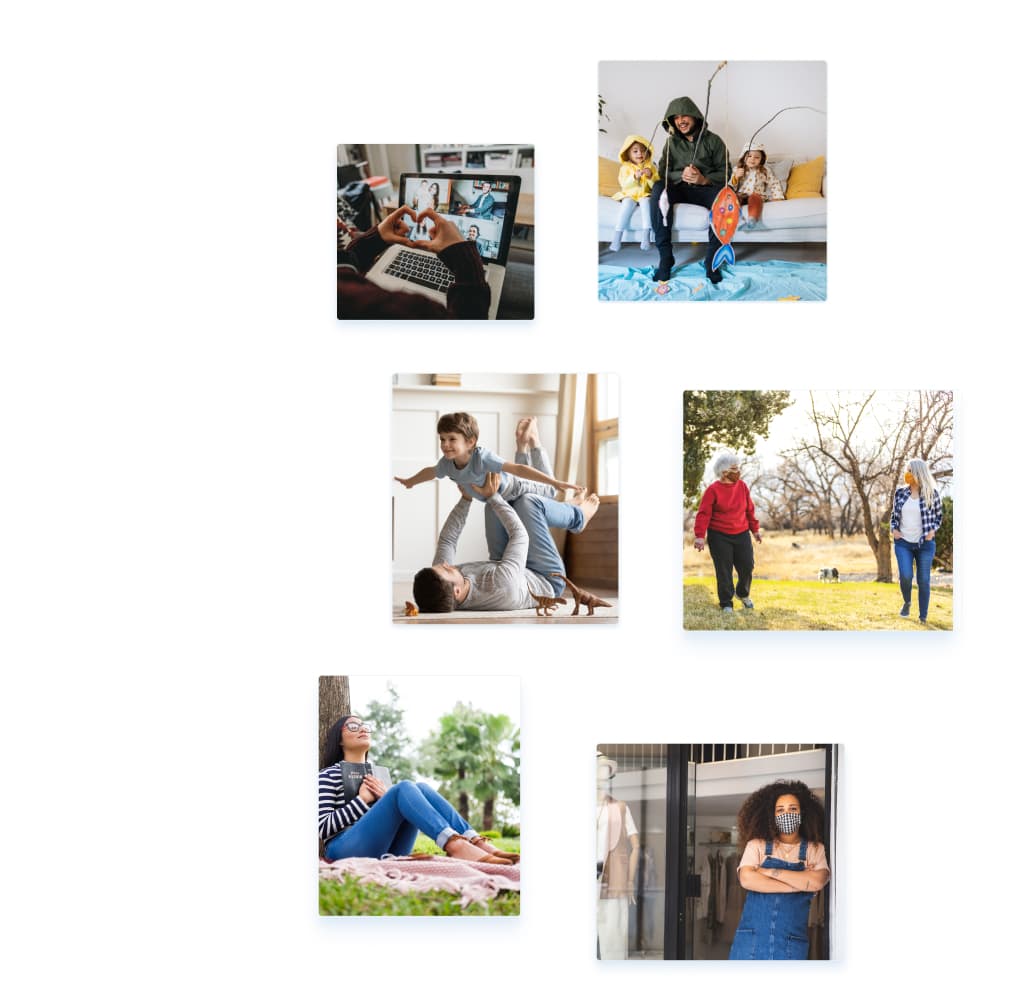 A photo mosaic of people doing helpful things. Leaving groceries on a door step. Baking with their kids. Coaching a hockey team. Holding a picture up to a window