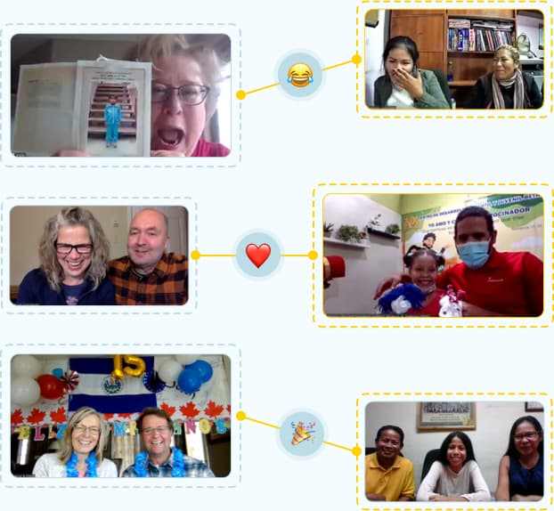 An illustration showing screenshots of three different sponsor/child visits. Emoji's show laughter, a heart and a party popper.