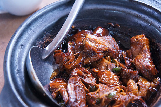 A steel bowl of delicious, stewed meat