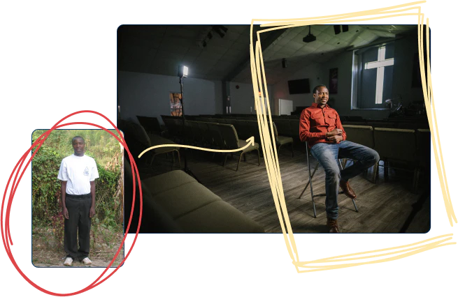 Two photos; one showing Martin as sponsored child and one showing him as a fully grown adult.